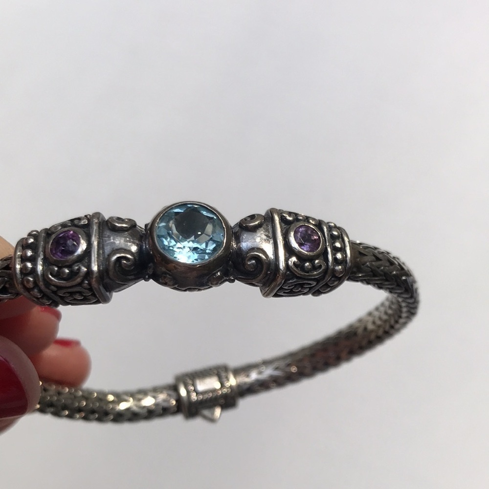 Vintage KC Indo Sterling Silver Blue Topaz Amethyst Spiga Wheat Bracelet 8" 35 g - Picture 15 of 16